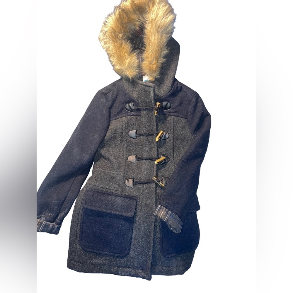 Pim + Larkin GIRLS wool coat black fur lined hood  XS